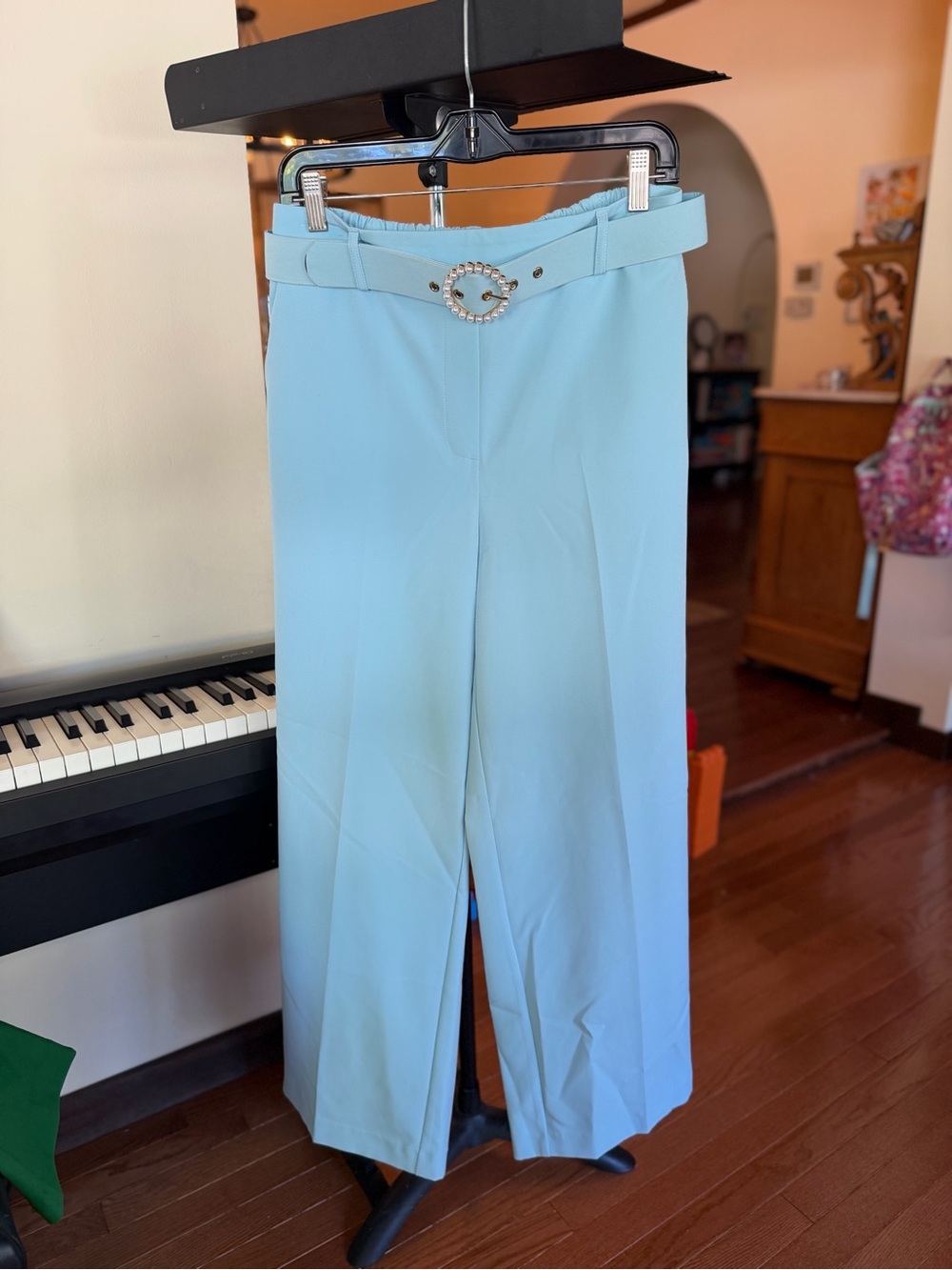 Rachel Zoe High Waist Wide-Leg Pants with Pearl Buckle Belt - Light Blue